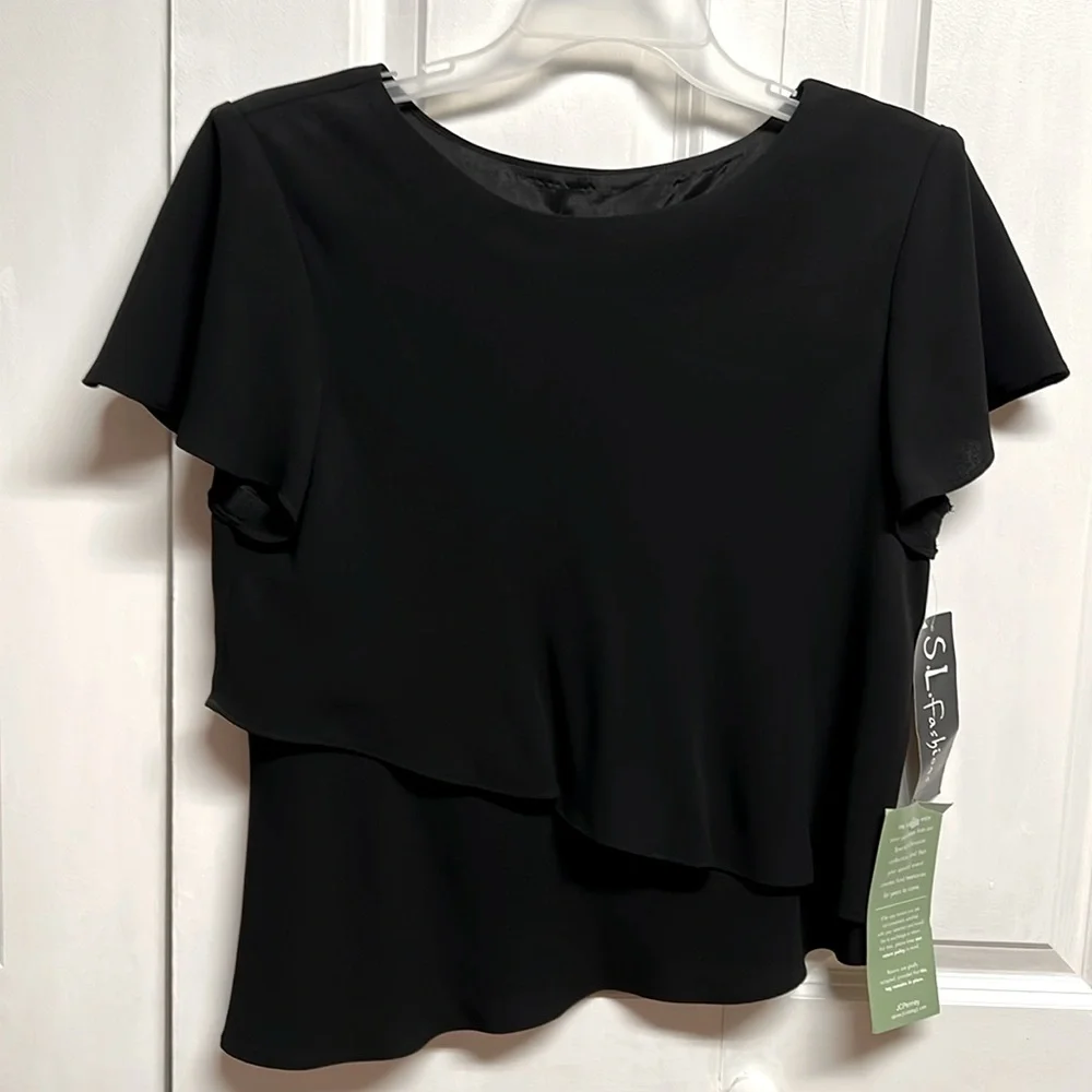 S.L. Fashion Black 2 Tiered Flutter Short Sleeve Top Size 16 NWT